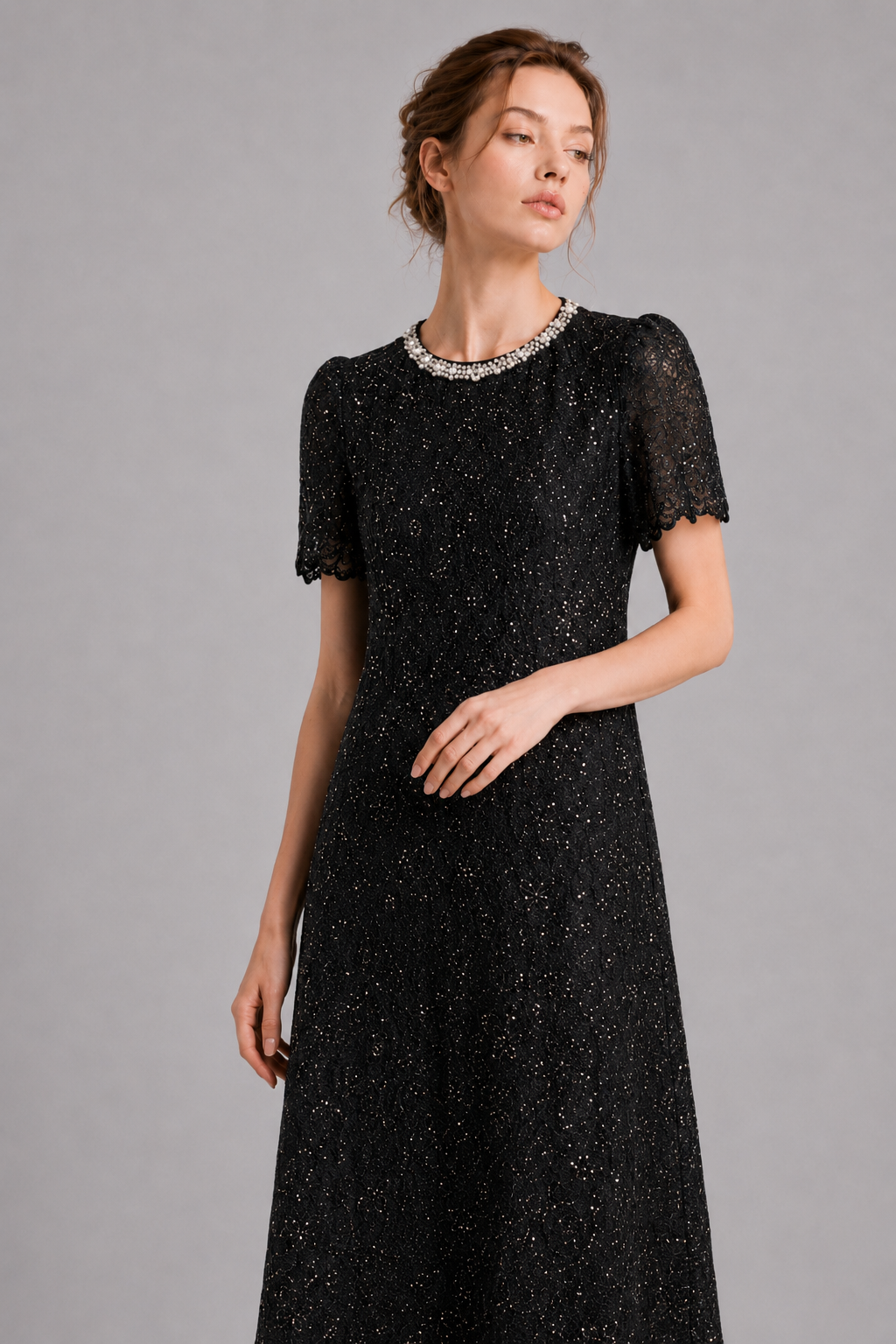 Black Sparkle Lace Midi Formal Dress With Pearl Neck（With built-in slip lining）