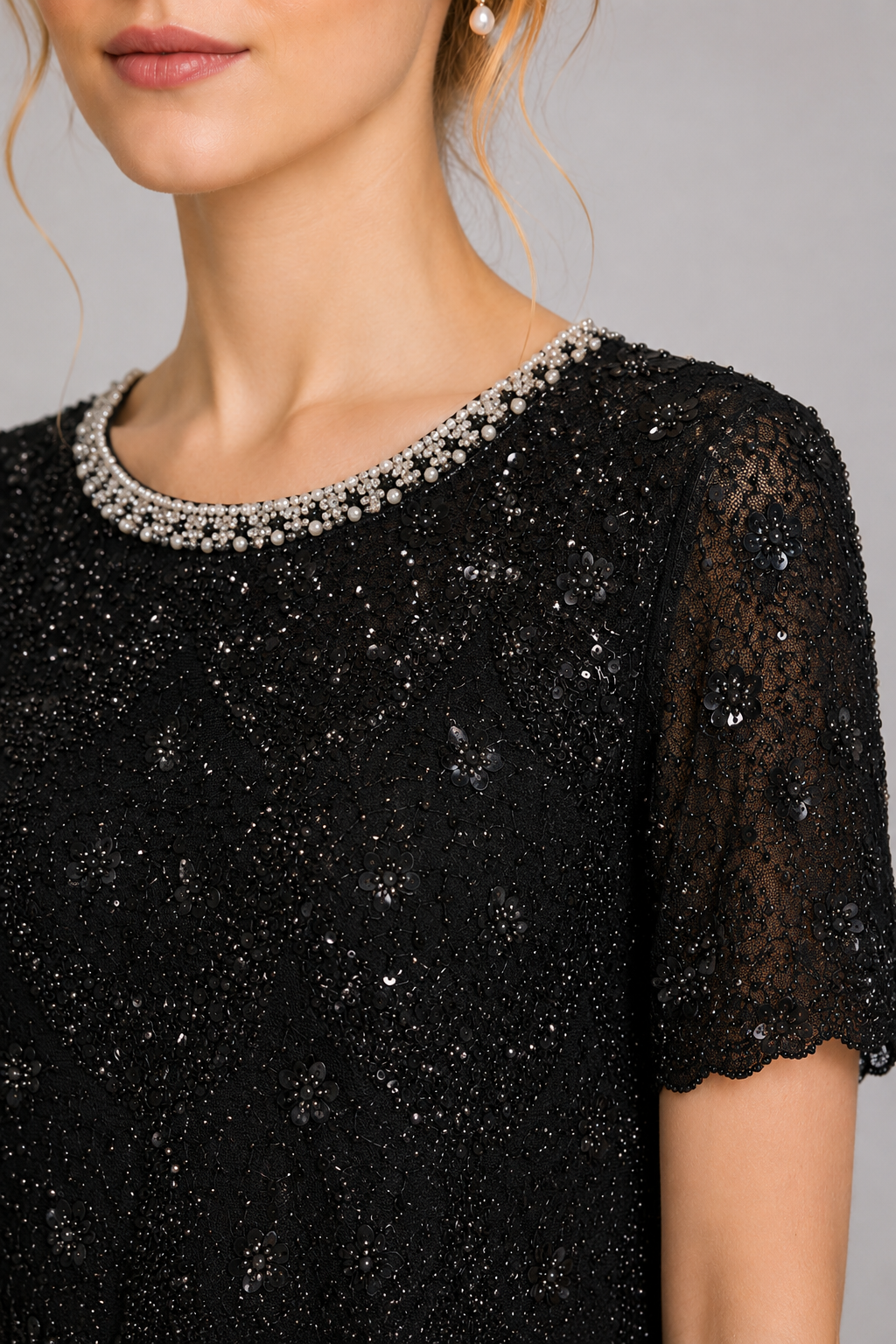 Black Sparkle Lace Midi Formal Dress With Pearl Neck（With built-in slip lining）