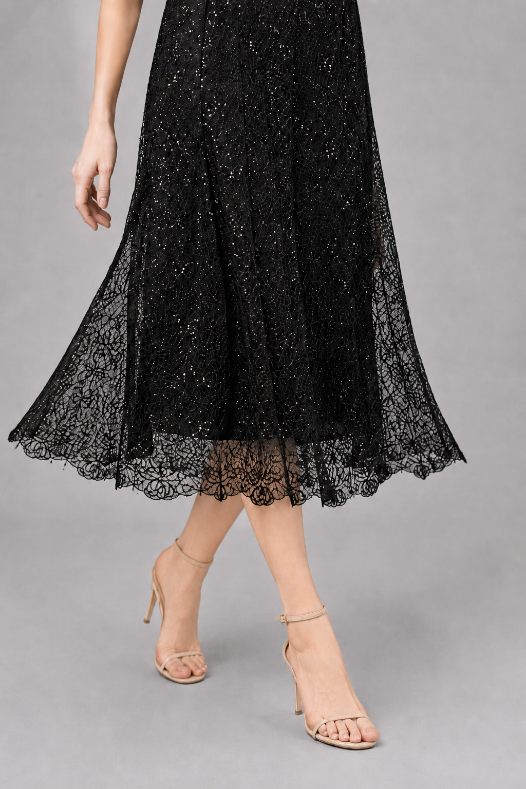 Black Sparkle Lace Midi Formal Dress With Pearl Neck（With built-in slip lining）