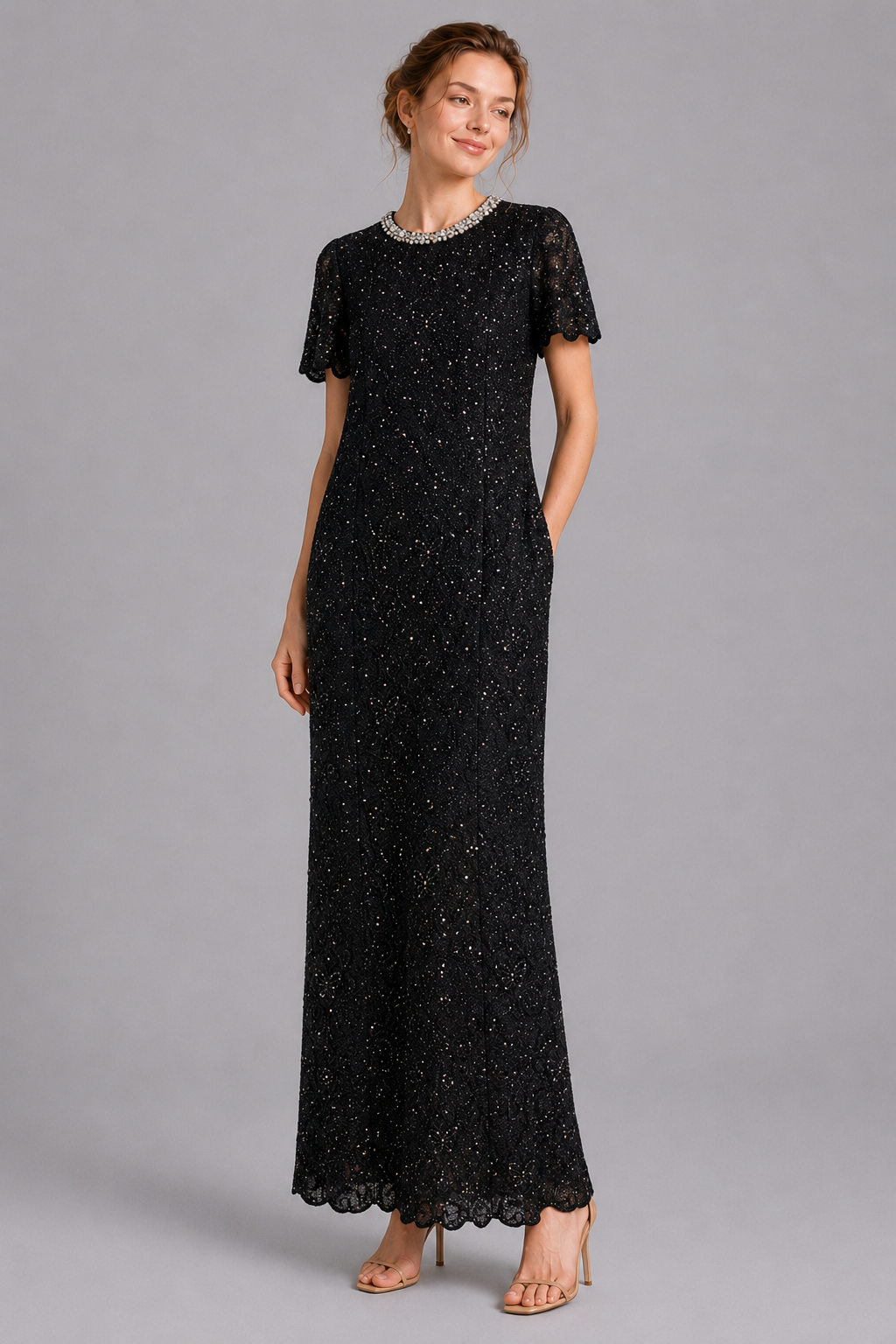 Black Sparkle Lace Midi Formal Dress With Pearl Neck（With built-in slip lining）
