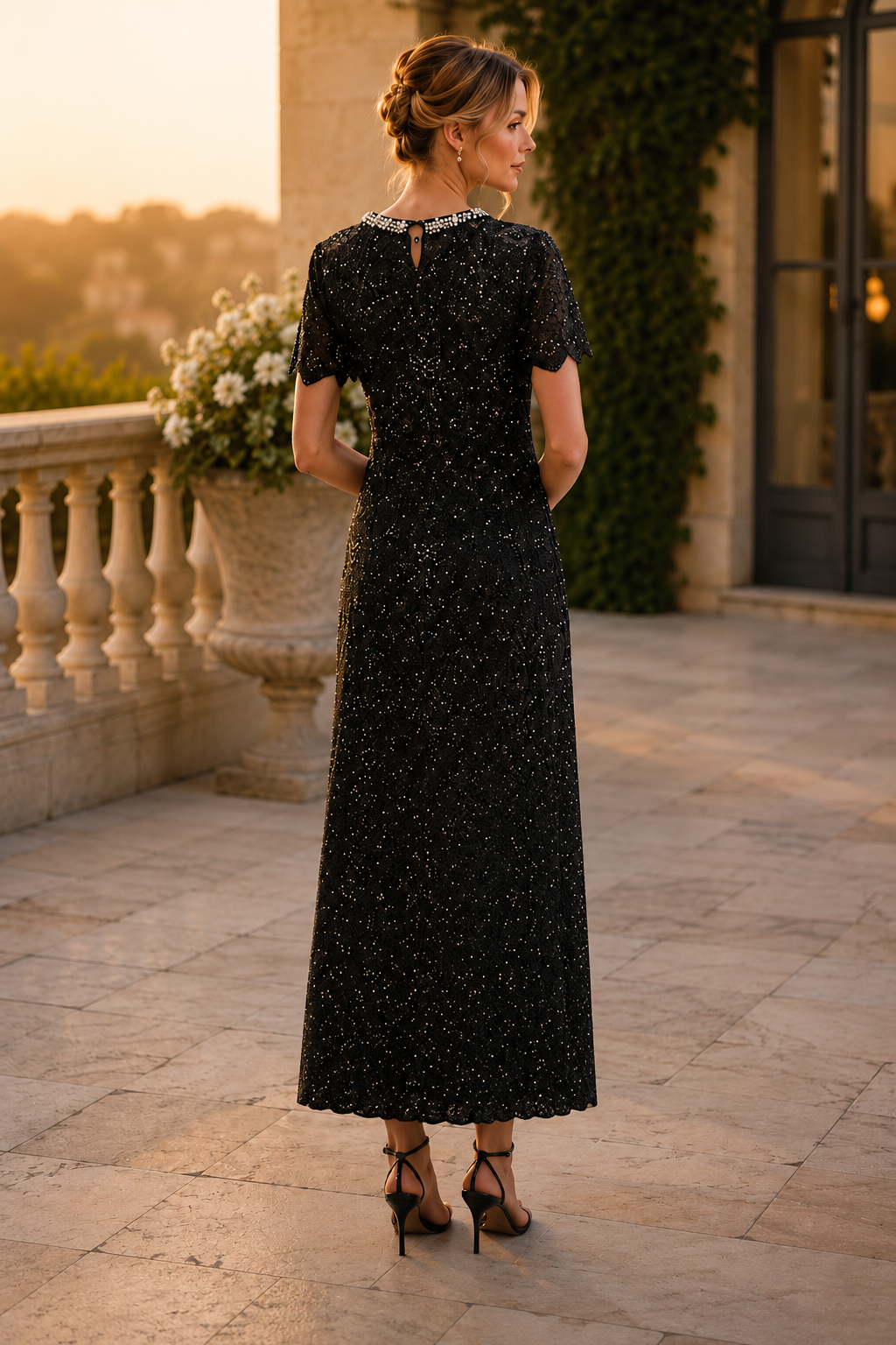 Black Sparkle Lace Midi Formal Dress With Pearl Neck（With built-in slip lining）