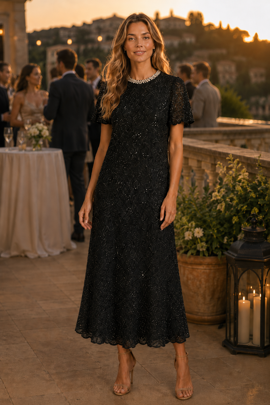 Black Sparkle Lace Midi Formal Dress With Pearl Neck（With built-in slip lining）