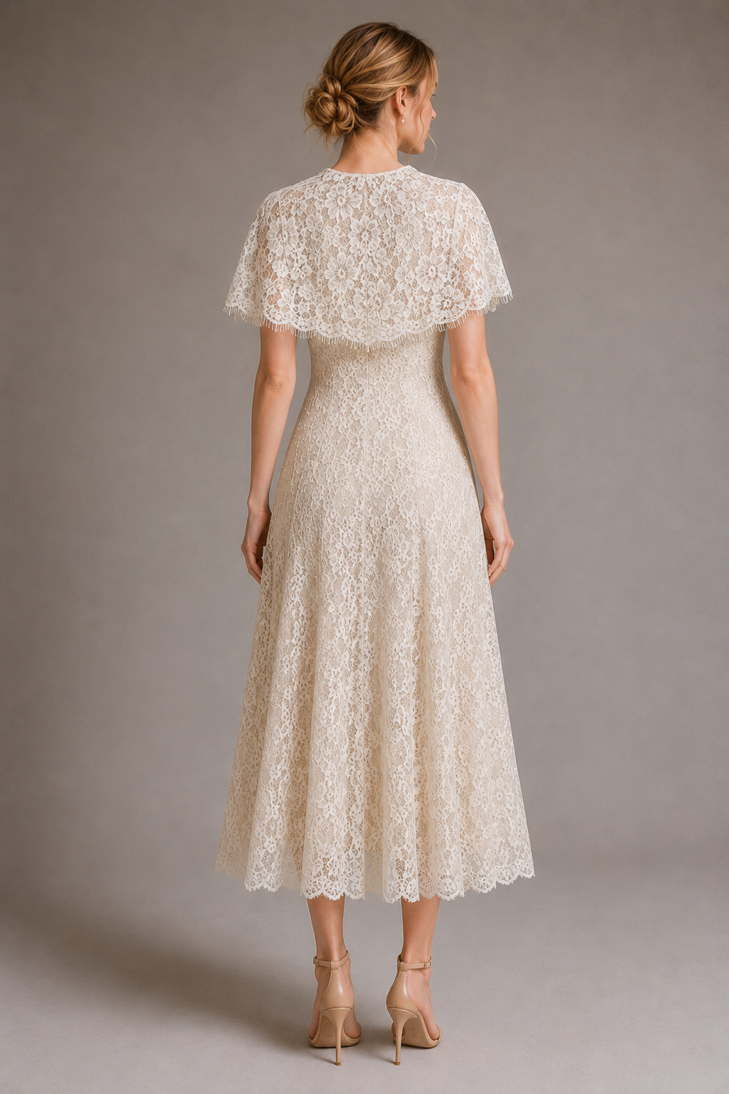 Detachable Lace Cape Midi Slip Dress With Built-In Bra