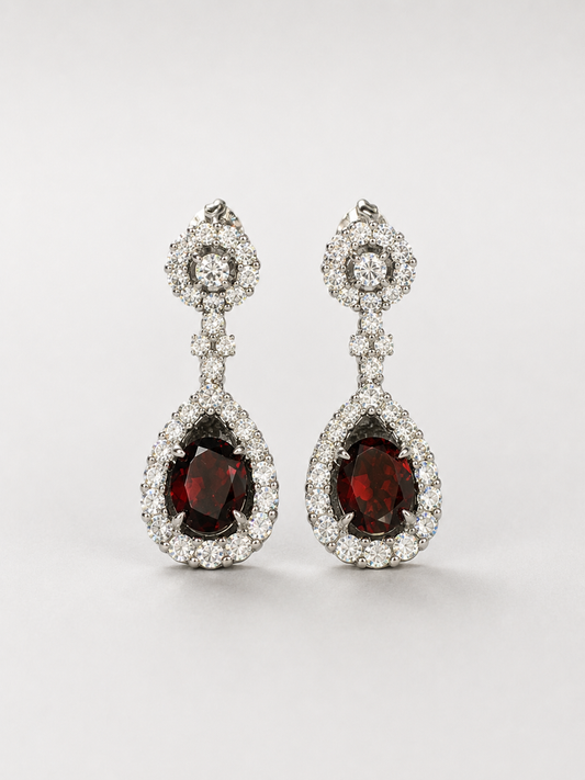 Pigeon Blood Ruby Halo Drop Dangle Earrings S925 Silver