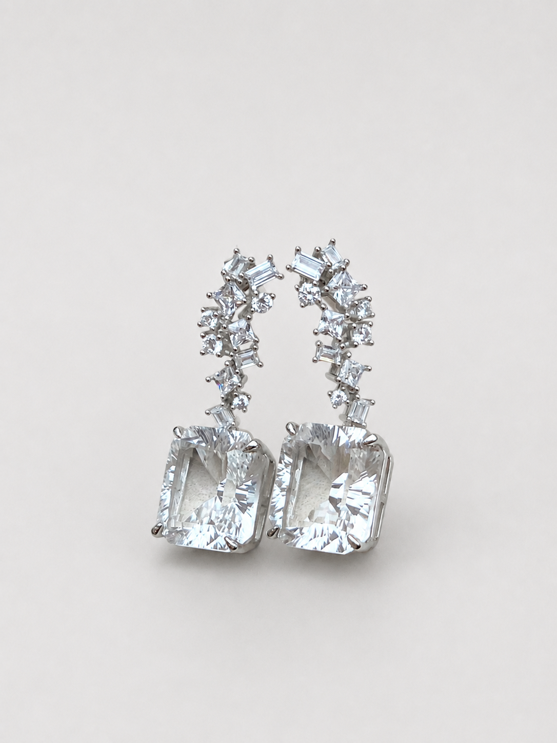 Radiant Cut White Crystal Dangle Earrings S925 Sterling Silver