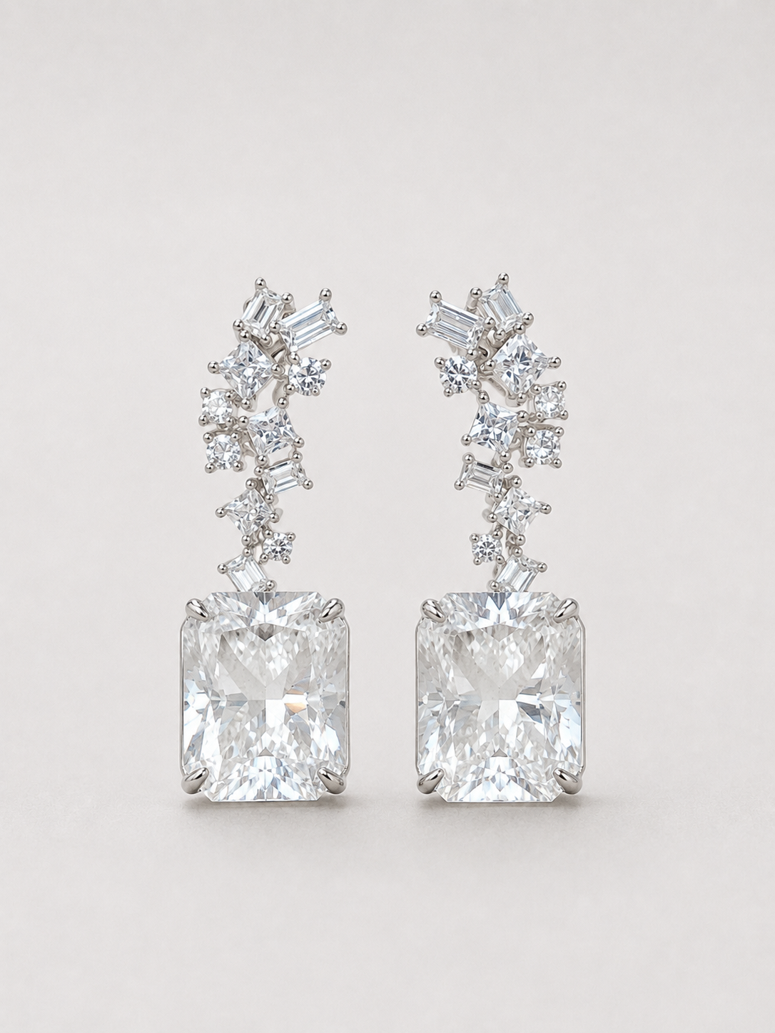 Radiant Cut White Crystal Dangle Earrings S925 Sterling Silver
