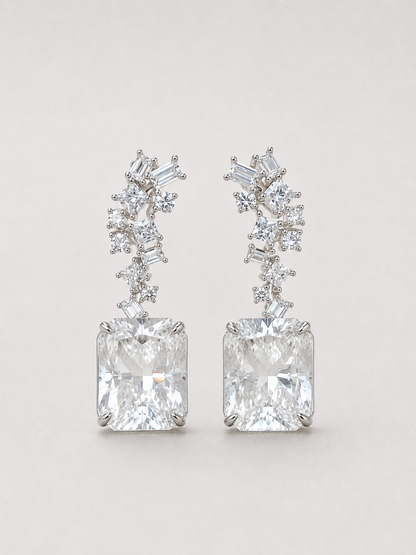 Radiant Cut White Crystal Dangle Earrings S925 Sterling Silver