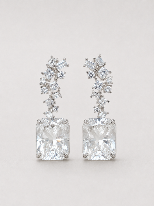 Radiant Cut White Crystal Dangle Earrings S925 Sterling Silver