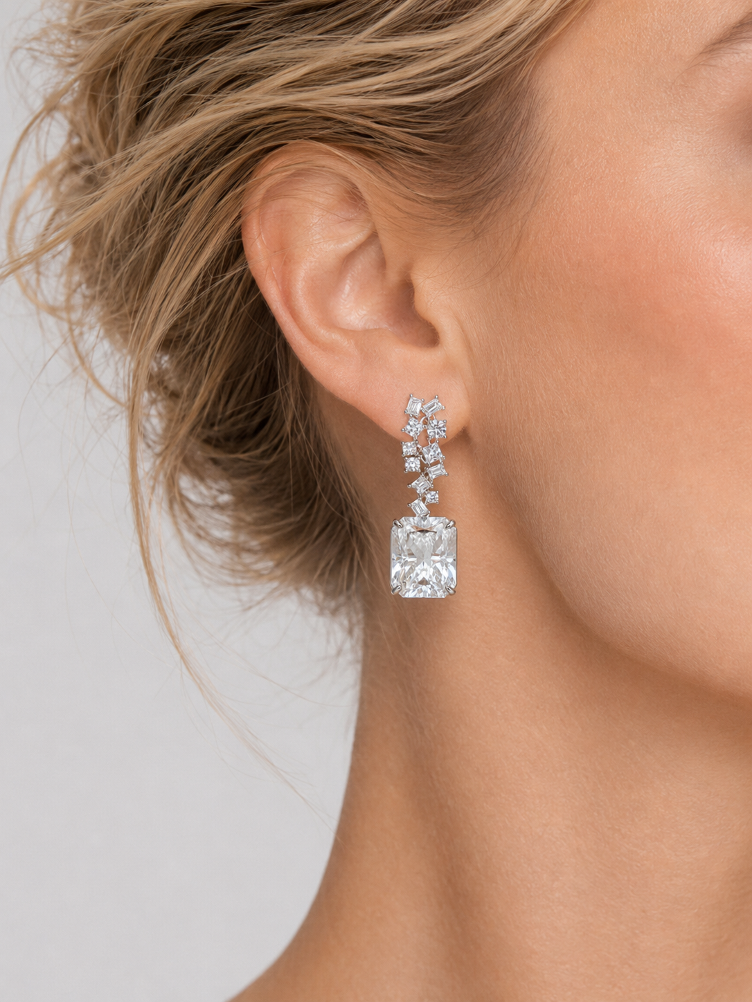 Radiant Cut White Crystal Dangle Earrings S925 Sterling Silver