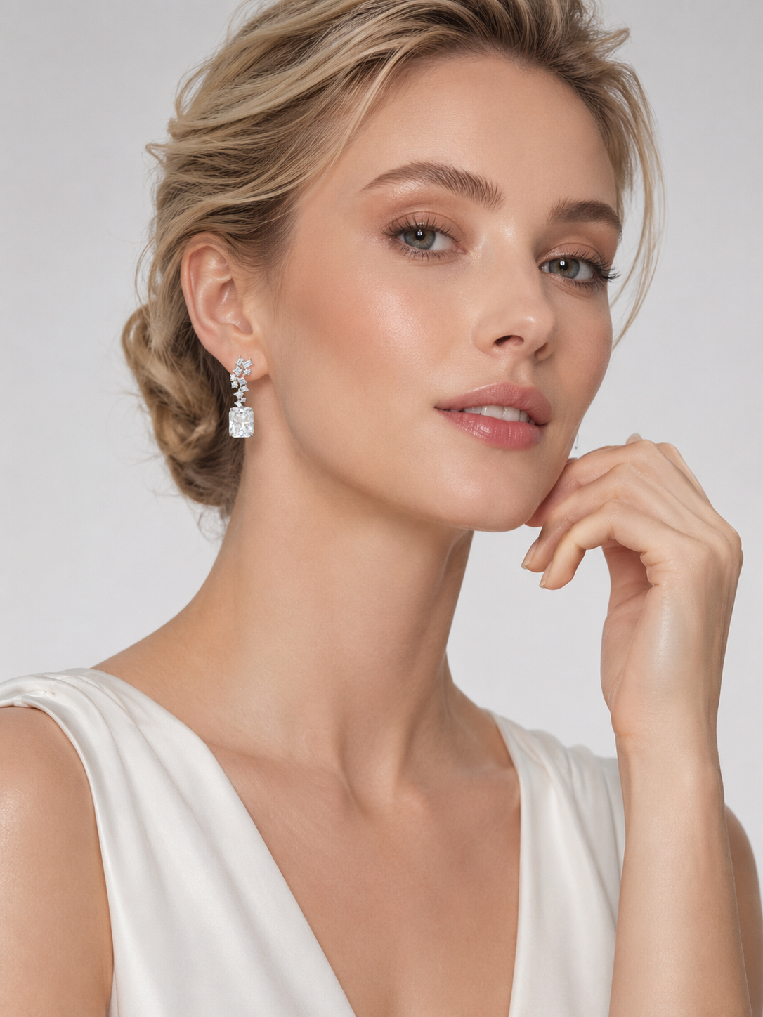 Radiant Cut White Crystal Dangle Earrings S925 Sterling Silver
