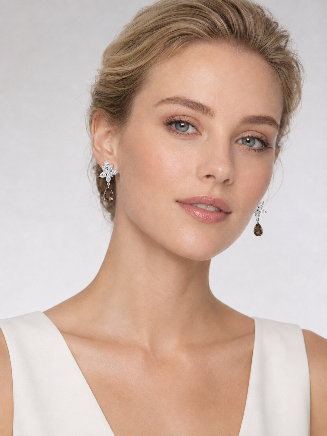Floral Pave Smoky Quartz Drop Earrings S925 Sterling Silver