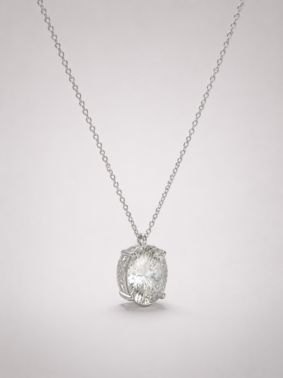 Oval Cut White Crystal Solitaire Pendant Necklace S925 Sterling Silver