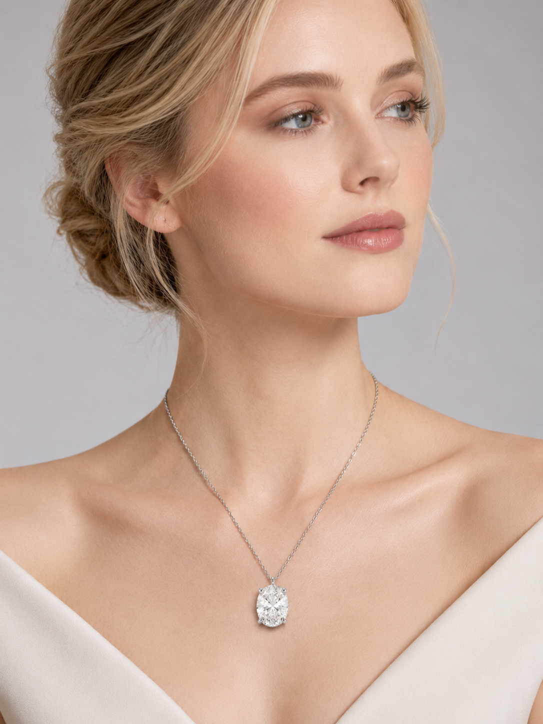 Oval Cut White Crystal Solitaire Pendant Necklace S925 Sterling Silver