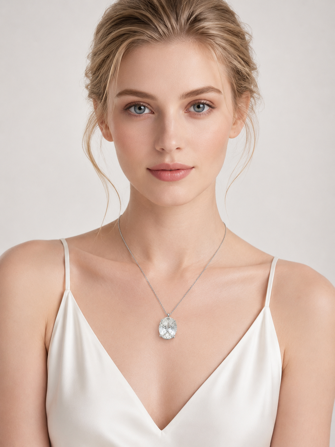 Oval Cut White Crystal Solitaire Pendant Necklace S925 Sterling Silver
