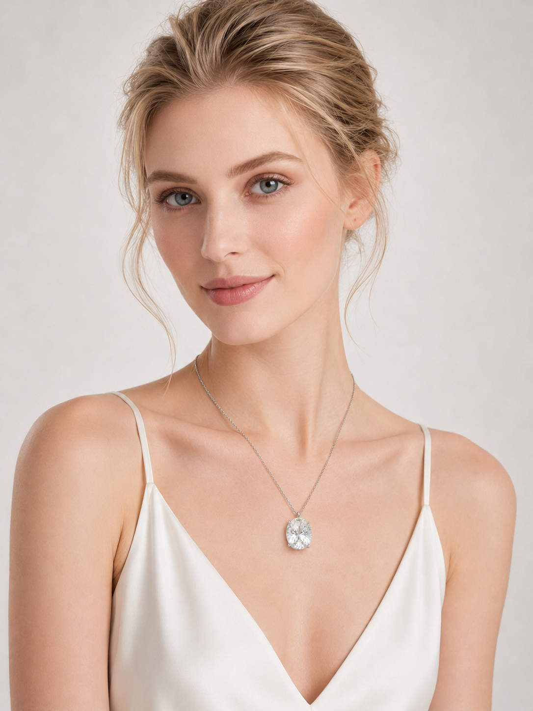 Oval Cut White Crystal Solitaire Pendant Necklace S925 Sterling Silver