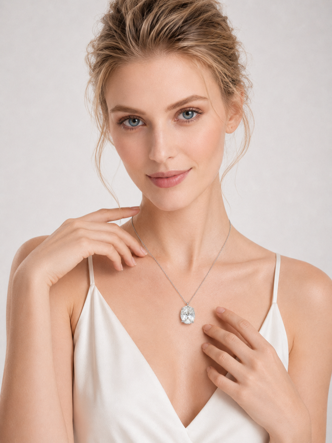 Oval Cut White Crystal Solitaire Pendant Necklace S925 Sterling Silver