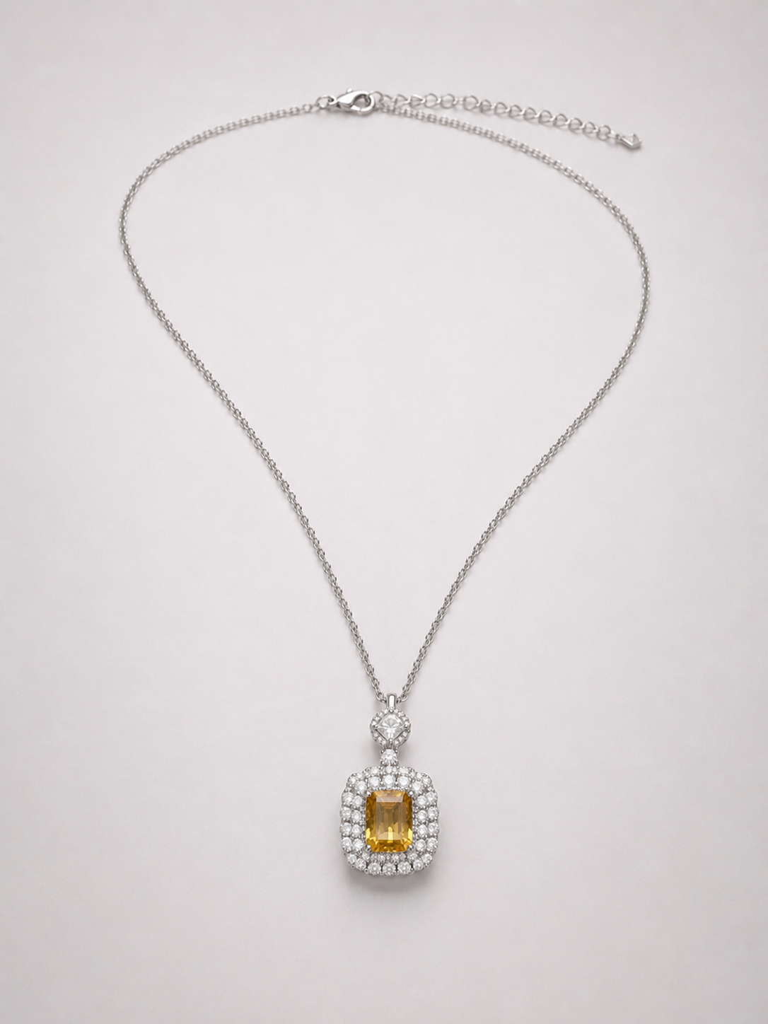 Emerald Cut Citrine Halo Pendant Necklace S925 Sterling Silver