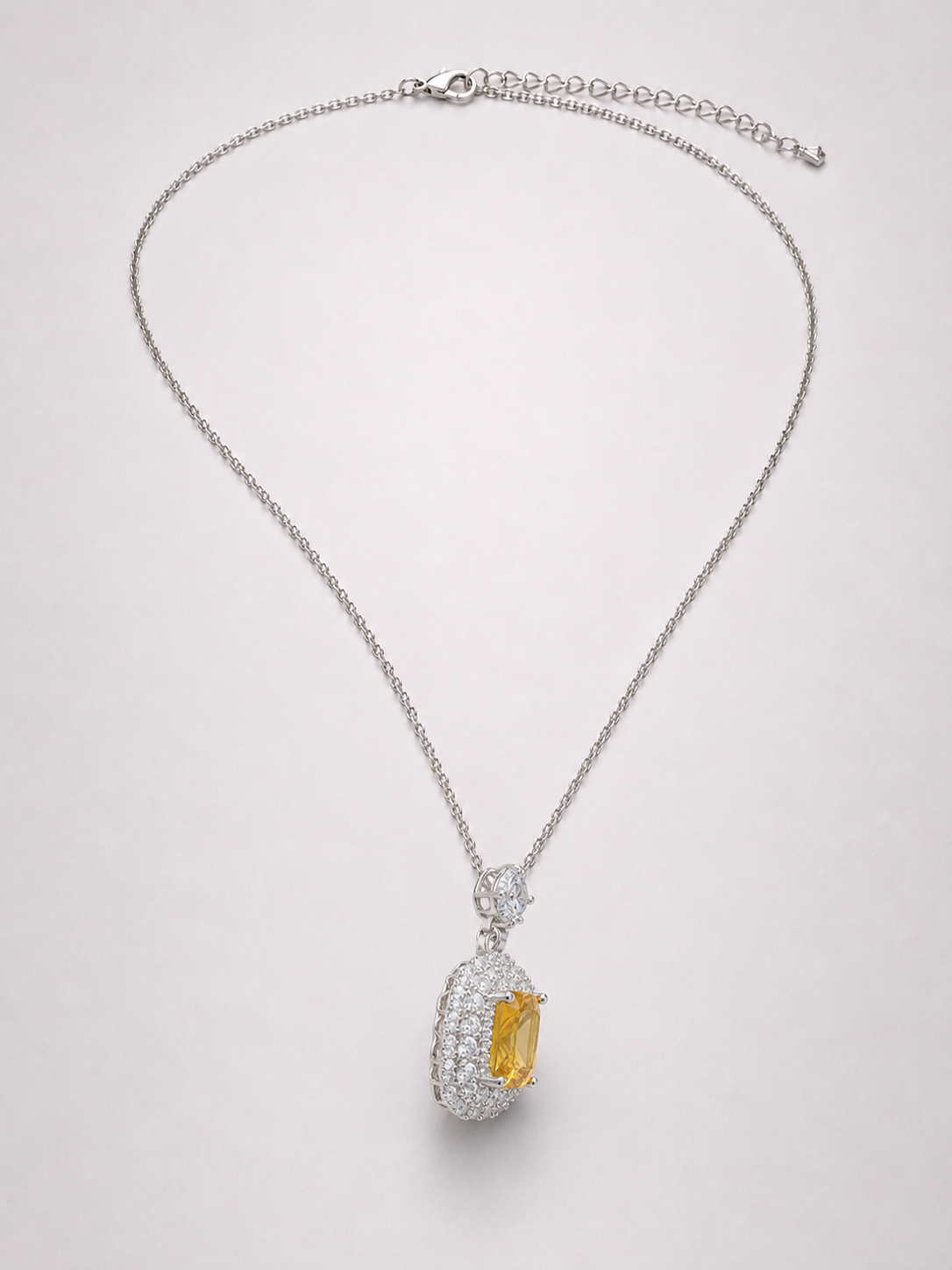 Emerald Cut Citrine Halo Pendant Necklace S925 Sterling Silver