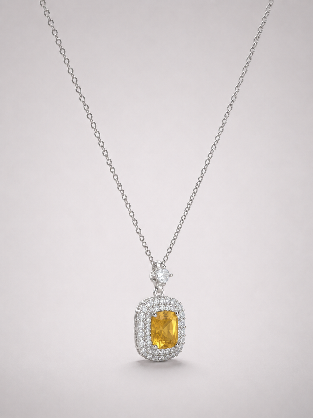 Emerald Cut Citrine Halo Pendant Necklace S925 Sterling Silver