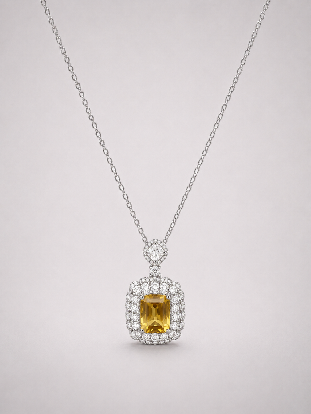 Emerald Cut Citrine Halo Pendant Necklace S925 Sterling Silver