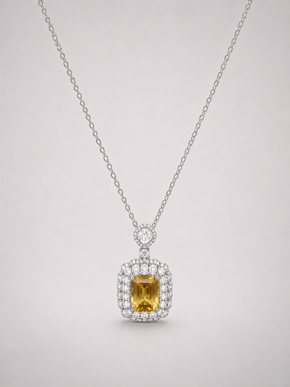 Emerald Cut Citrine Halo Pendant Necklace S925 Sterling Silver