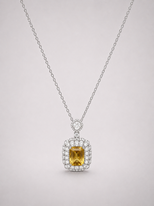 Emerald Cut Citrine Halo Pendant Necklace S925 Sterling Silver