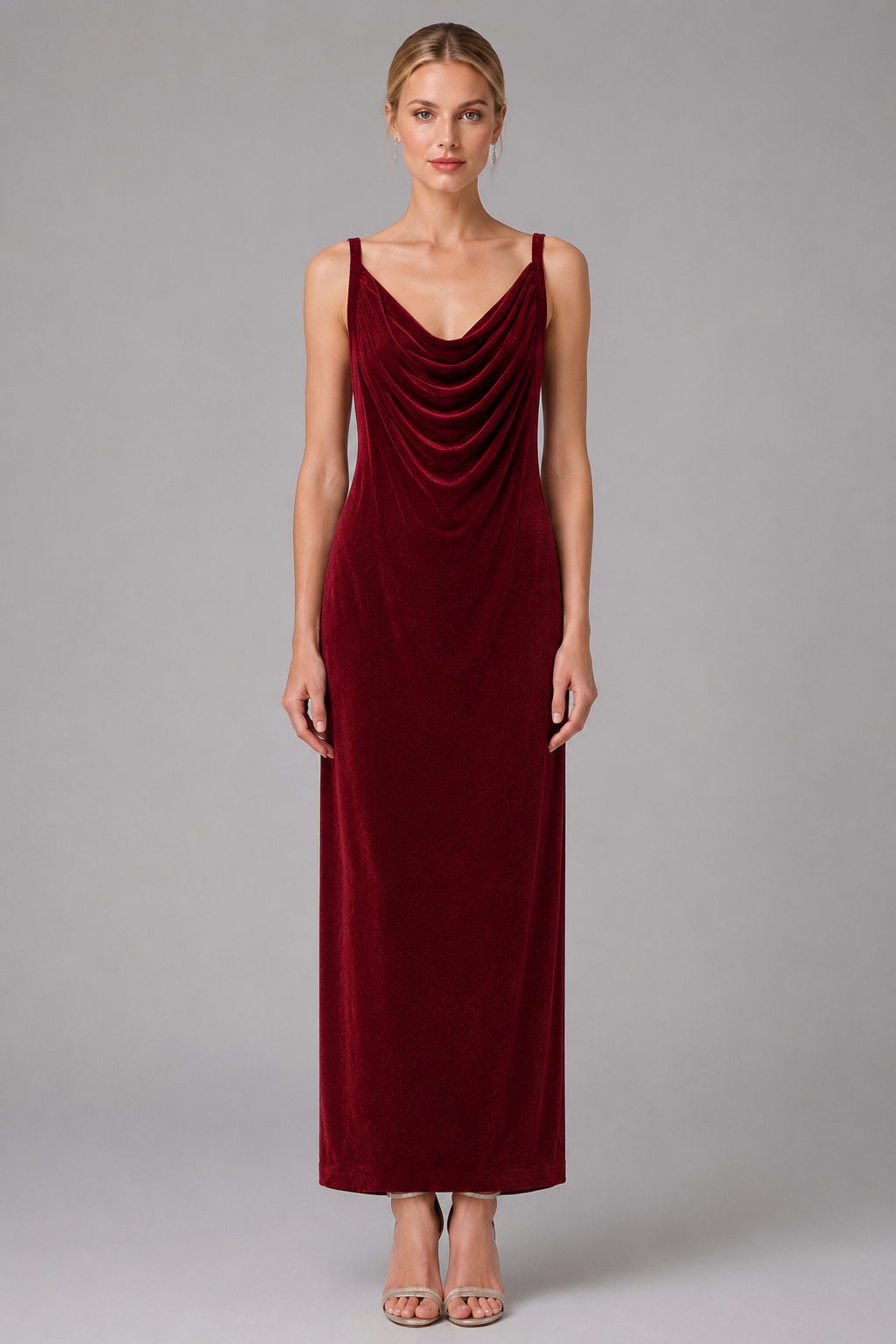Burgundy Velvet Cowl Neck Midi Slip Evening Dress