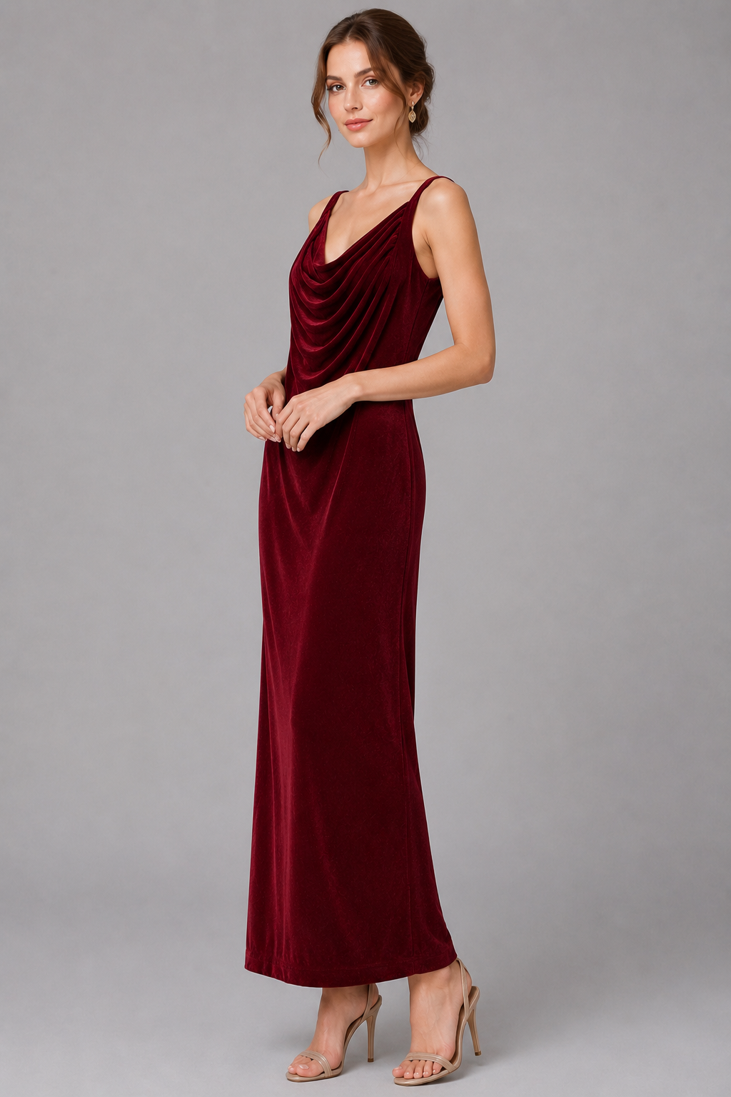 Burgundy Velvet Cowl Neck Midi Slip Evening Dress