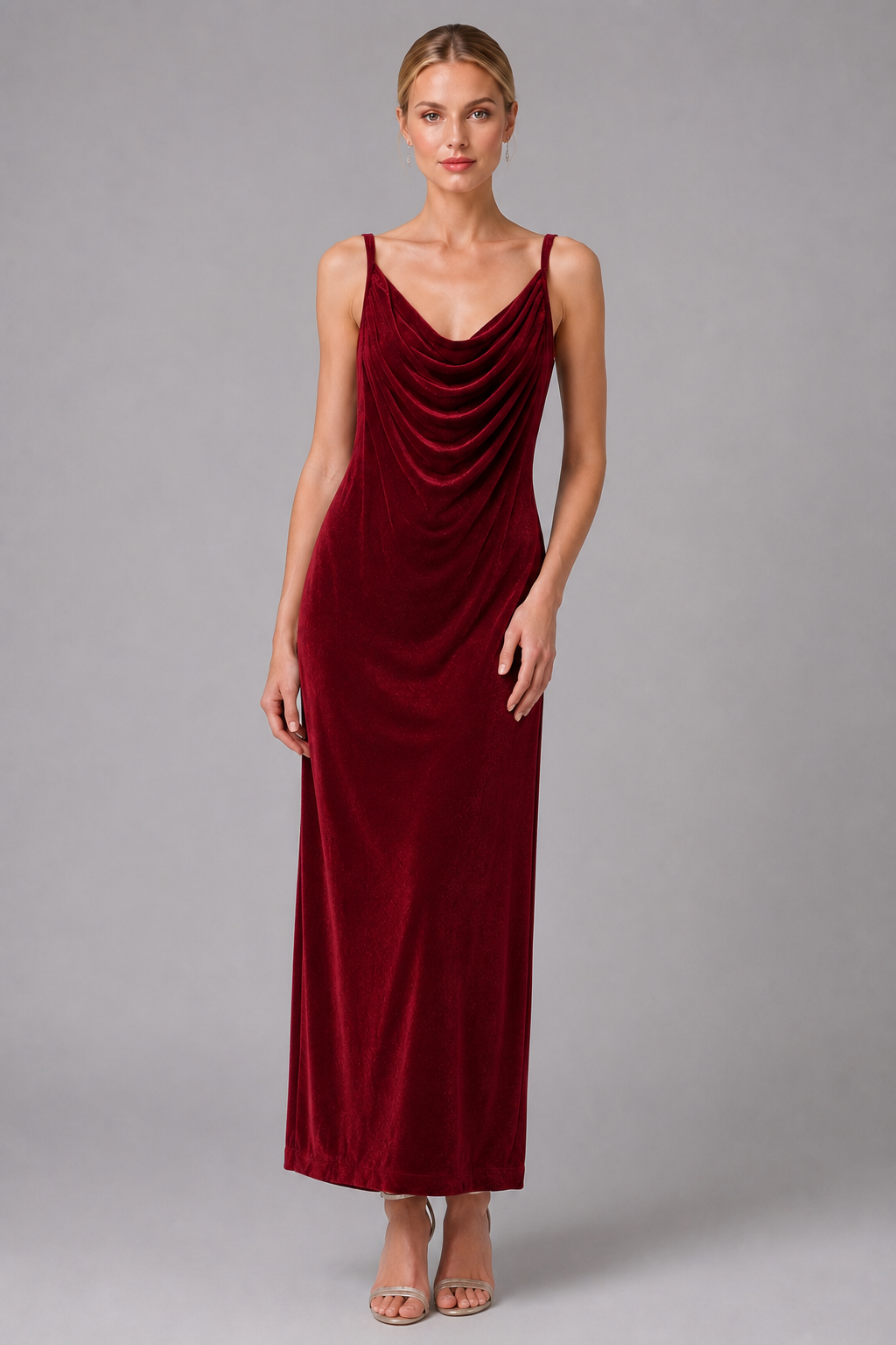 Burgundy Velvet Cowl Neck Midi Slip Evening Dress