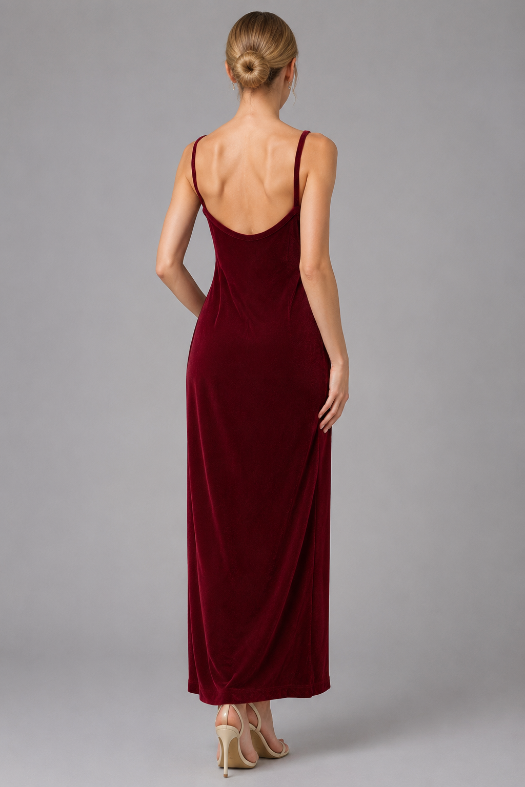Burgundy Velvet Cowl Neck Midi Slip Evening Dress