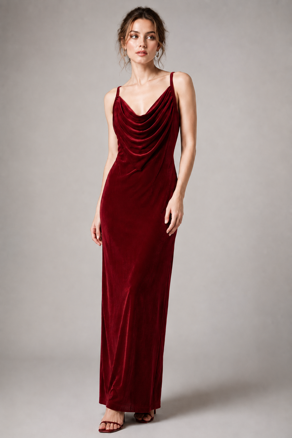 Burgundy Velvet Cowl Neck Midi Slip Evening Dress – LEC