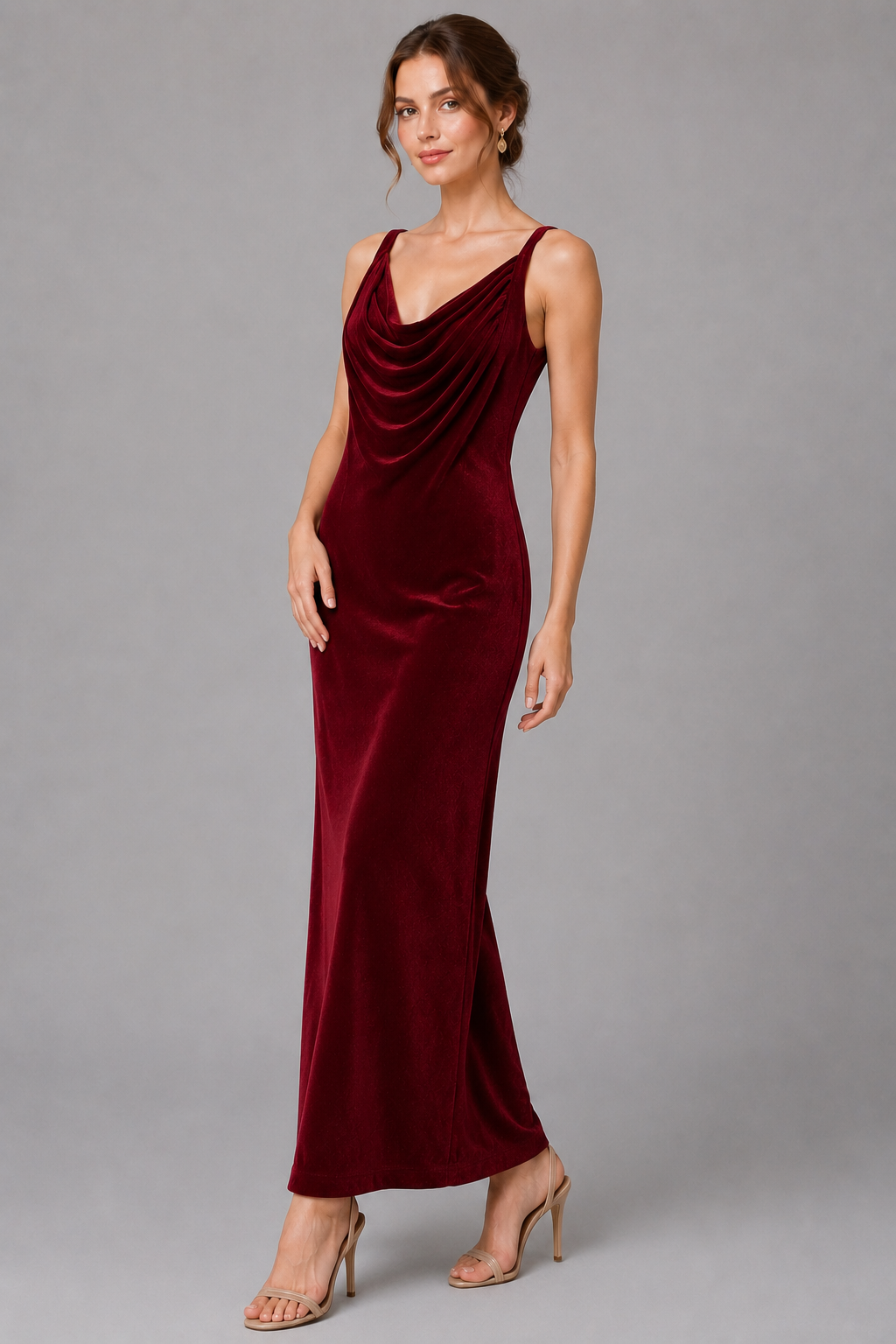 Burgundy Velvet Cowl Neck Midi Slip Evening Dress