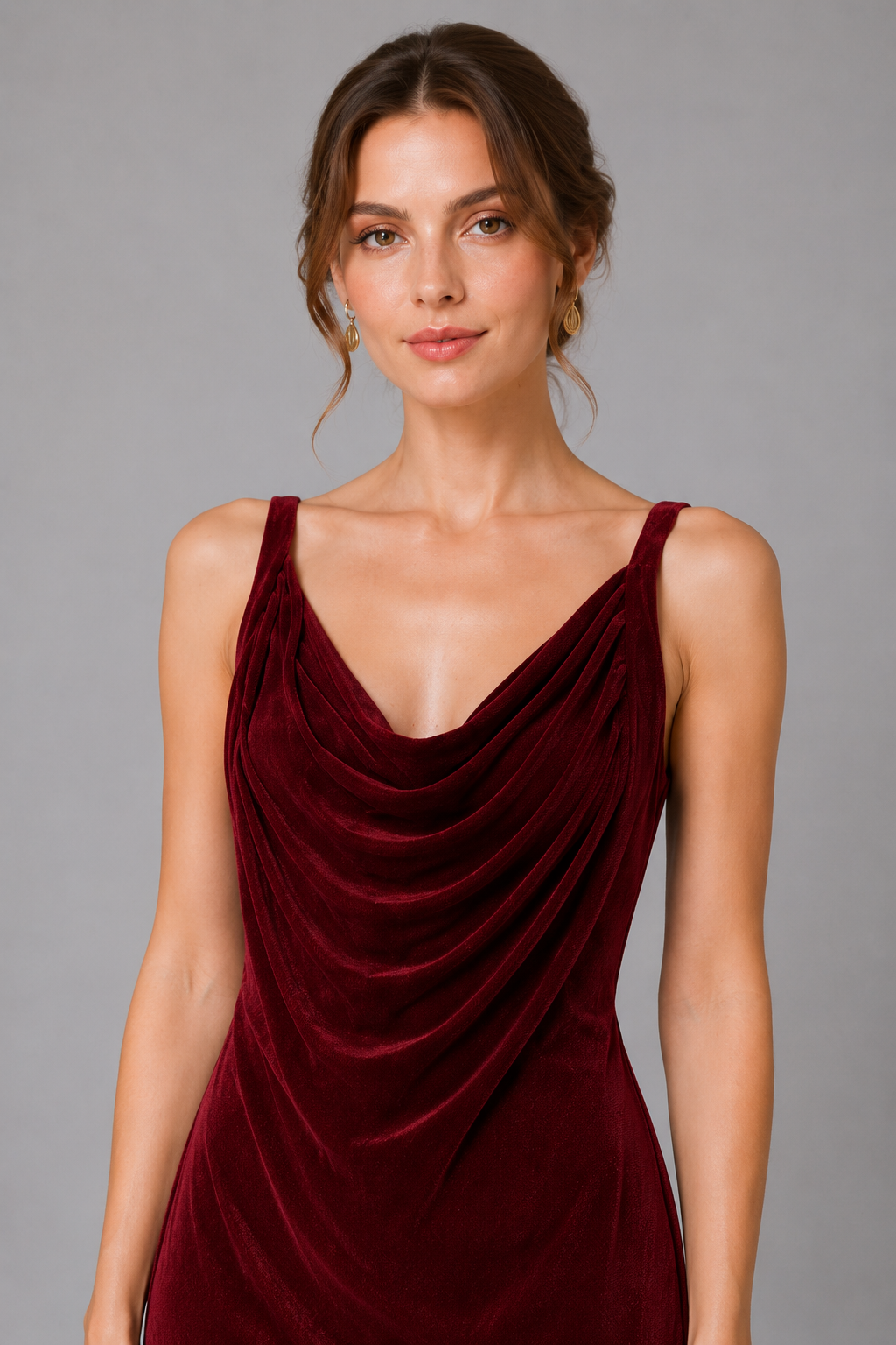 Burgundy Velvet Cowl Neck Midi Slip Evening Dress
