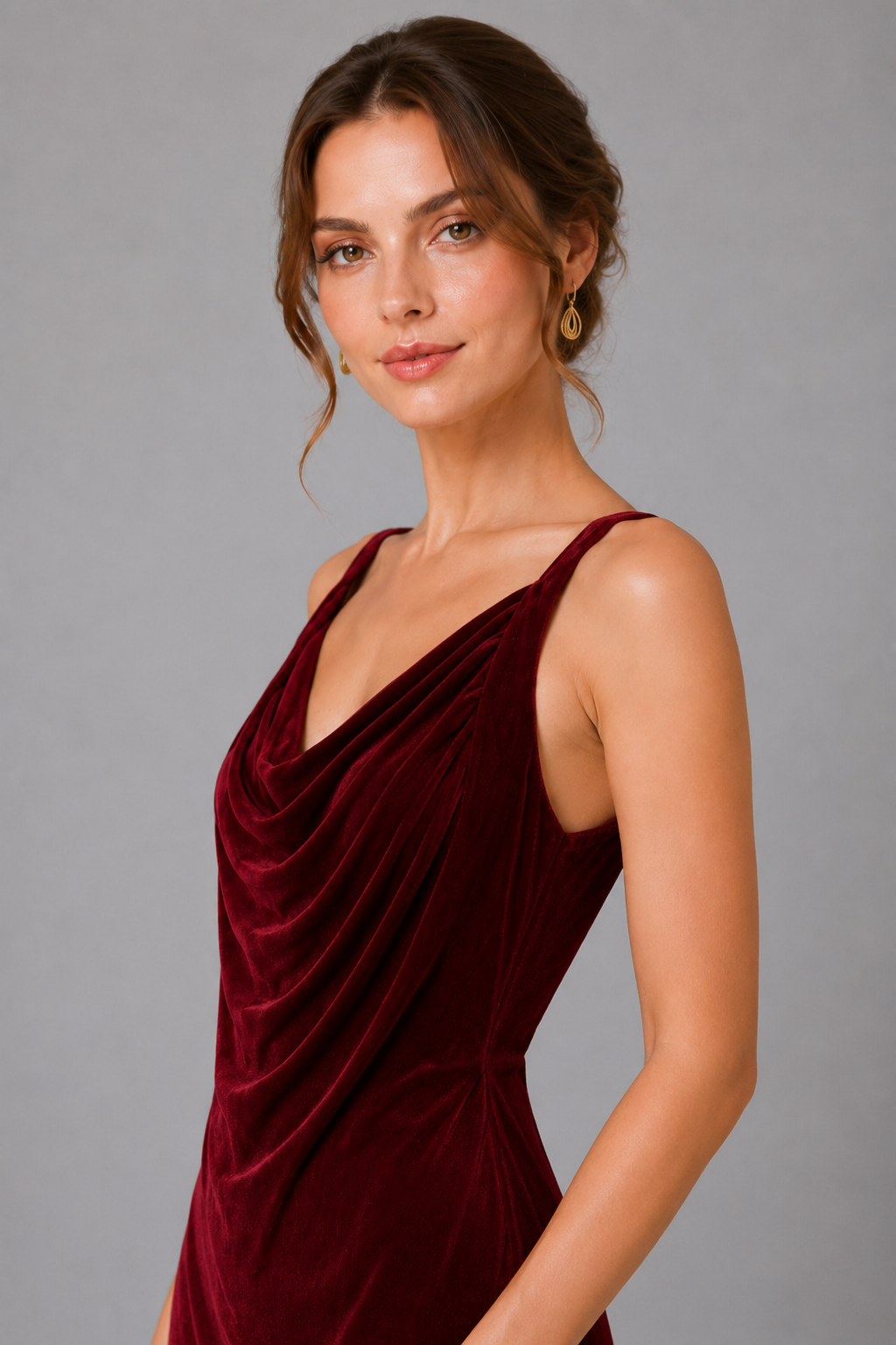 Burgundy Velvet Cowl Neck Midi Slip Evening Dress