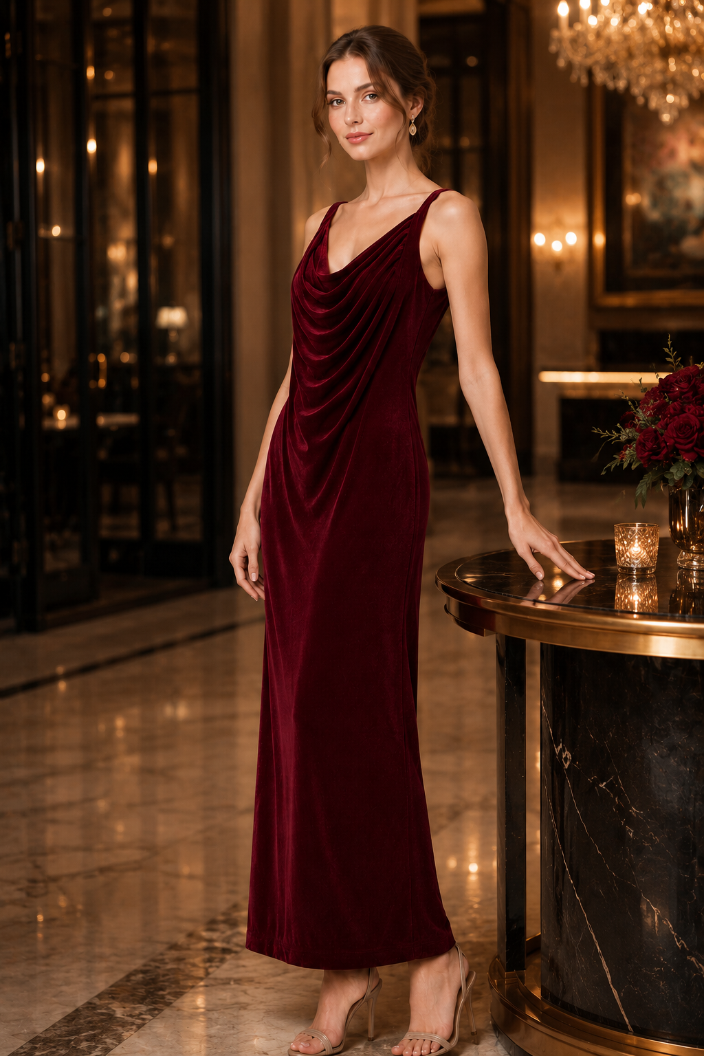 Burgundy Velvet Cowl Neck Midi Slip Evening Dress – LEC