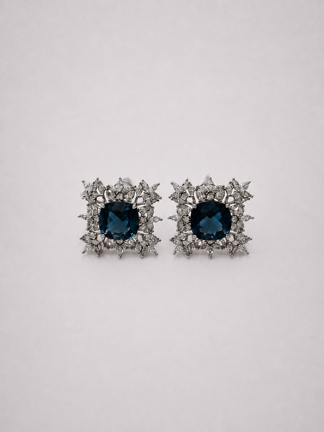 Square Floral Natural London Blue Topaz S925 Silver Stud Earrings