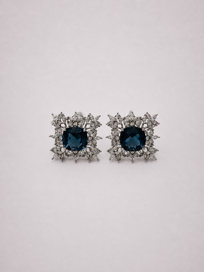 Square Floral Natural London Blue Topaz S925 Silver Stud Earrings