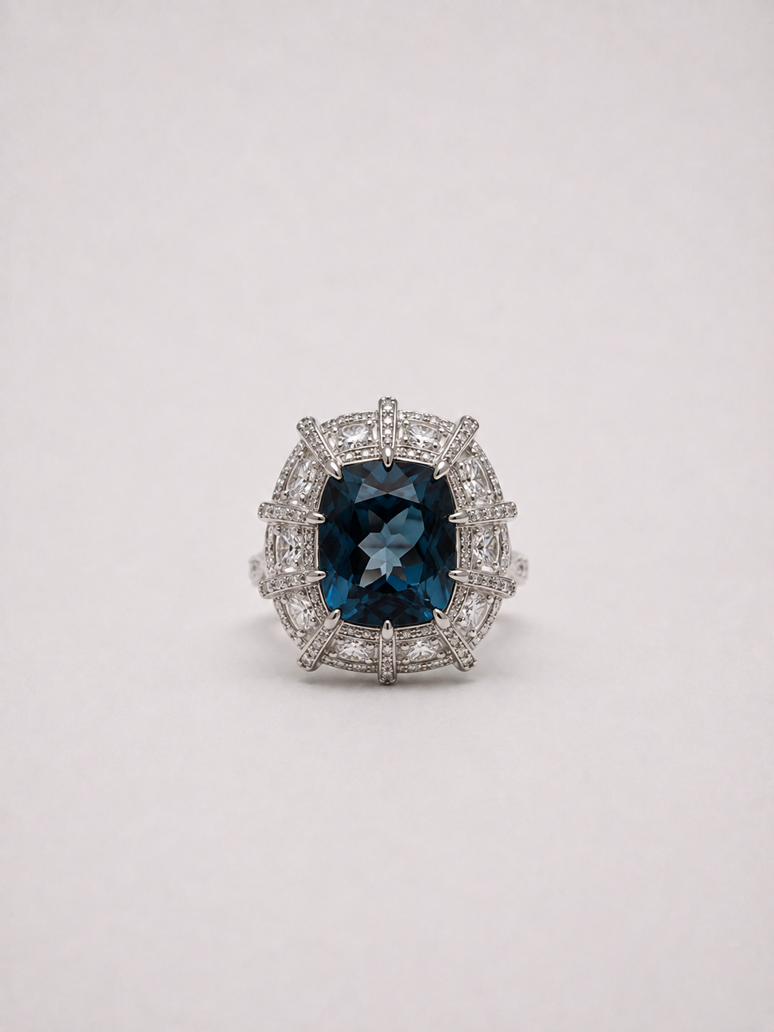 Cushion Cut London Blue Topaz Halo S925 Sterling Silver Ring