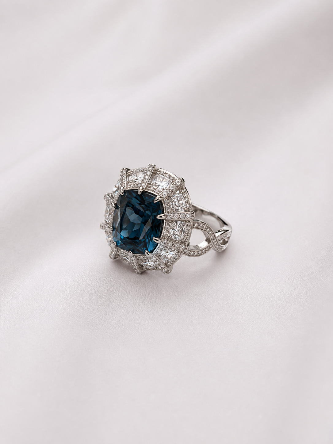 Cushion Cut London Blue Topaz Halo S925 Sterling Silver Ring