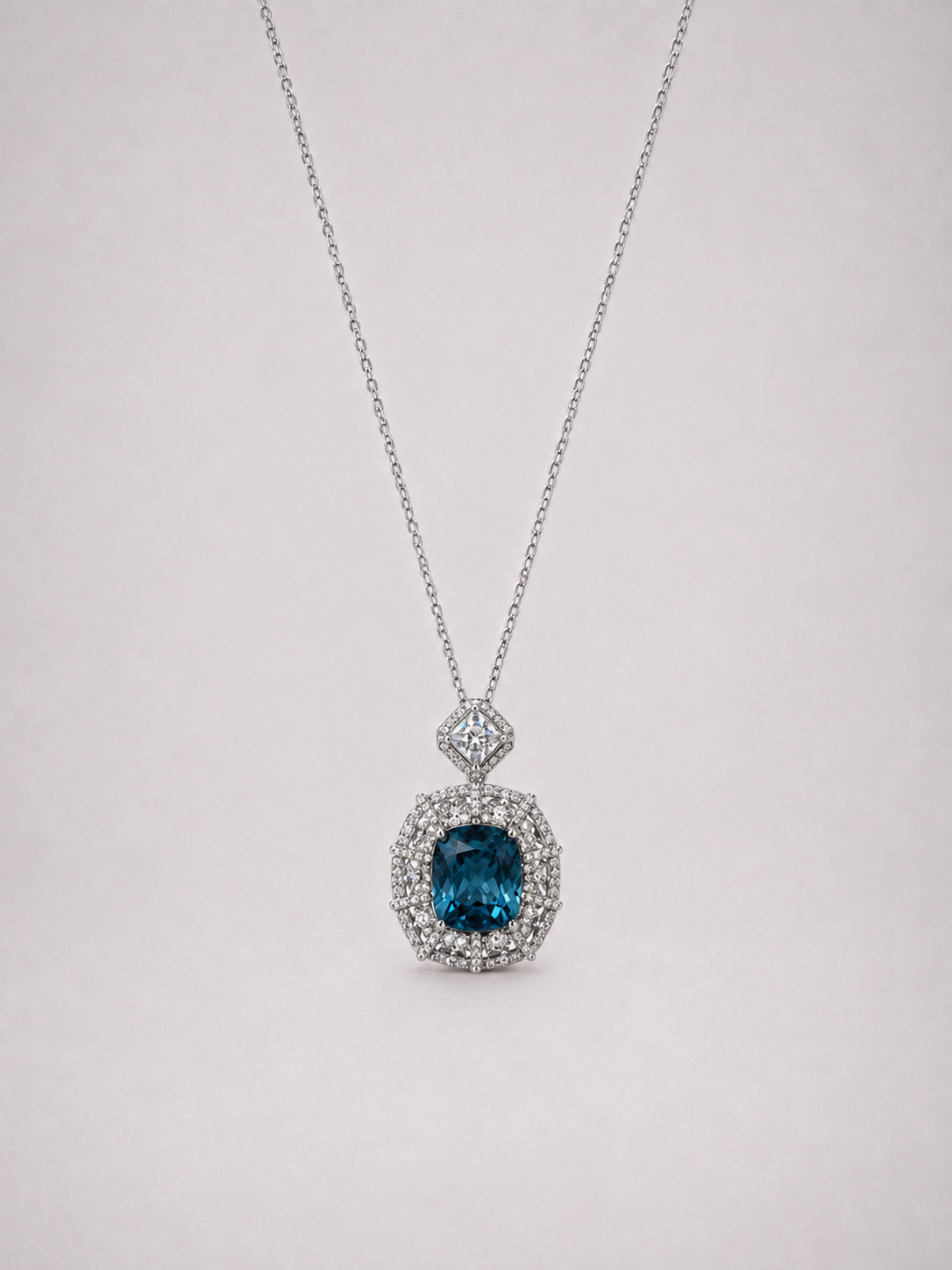 Cushion Cut London Blue Topaz Halo S925 Silver Pendant Necklace
