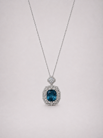 Cushion Cut London Blue Topaz Halo S925 Silver Pendant Necklace