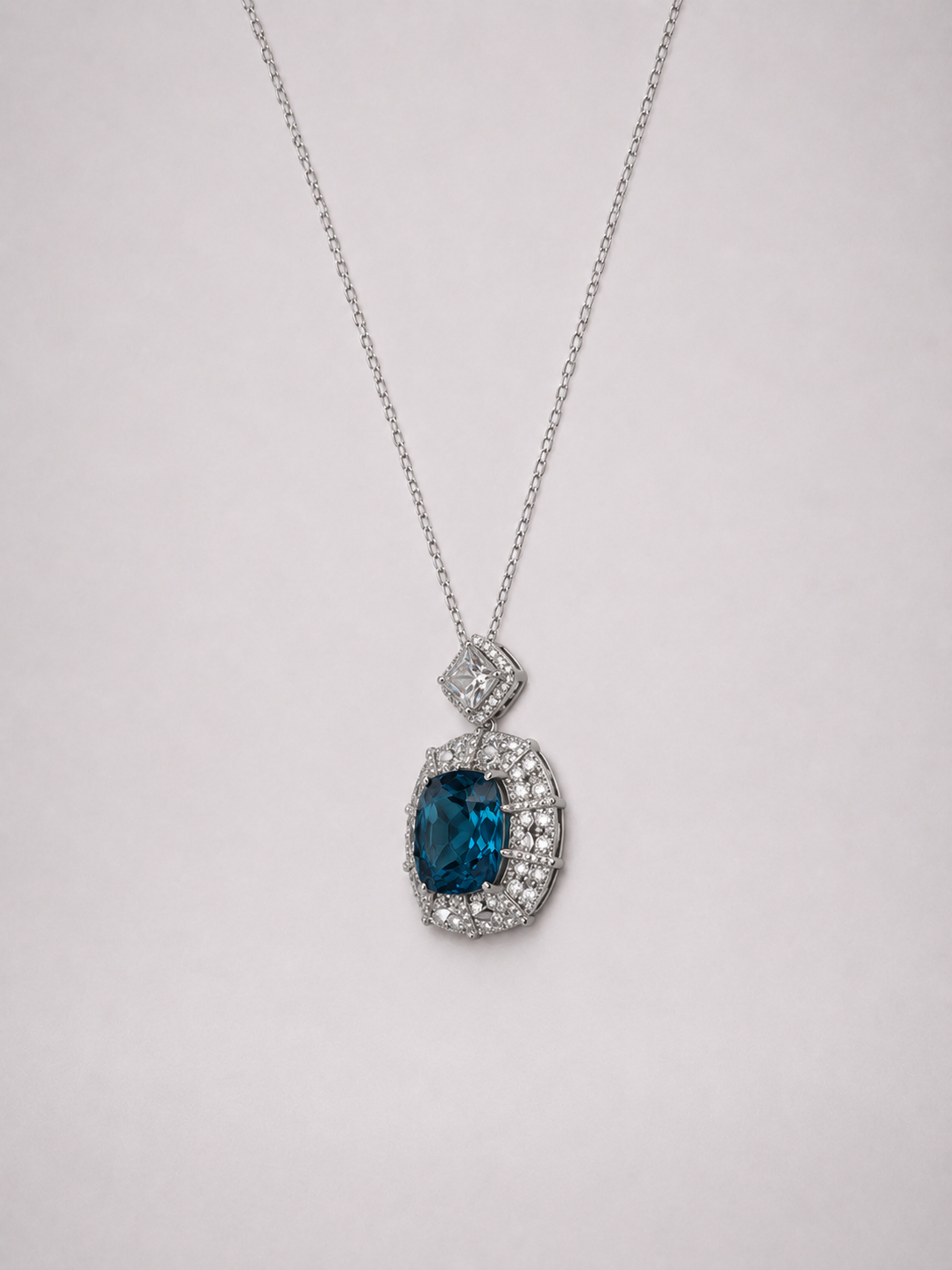 Cushion Cut London Blue Topaz Halo S925 Silver Pendant Necklace