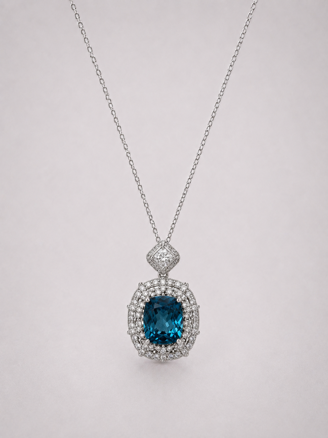 Cushion Cut London Blue Topaz Halo S925 Silver Pendant Necklace