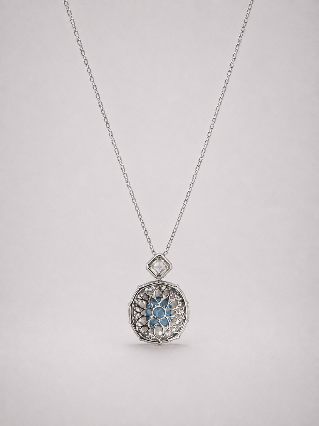 Cushion Cut London Blue Topaz Halo S925 Silver Pendant Necklace