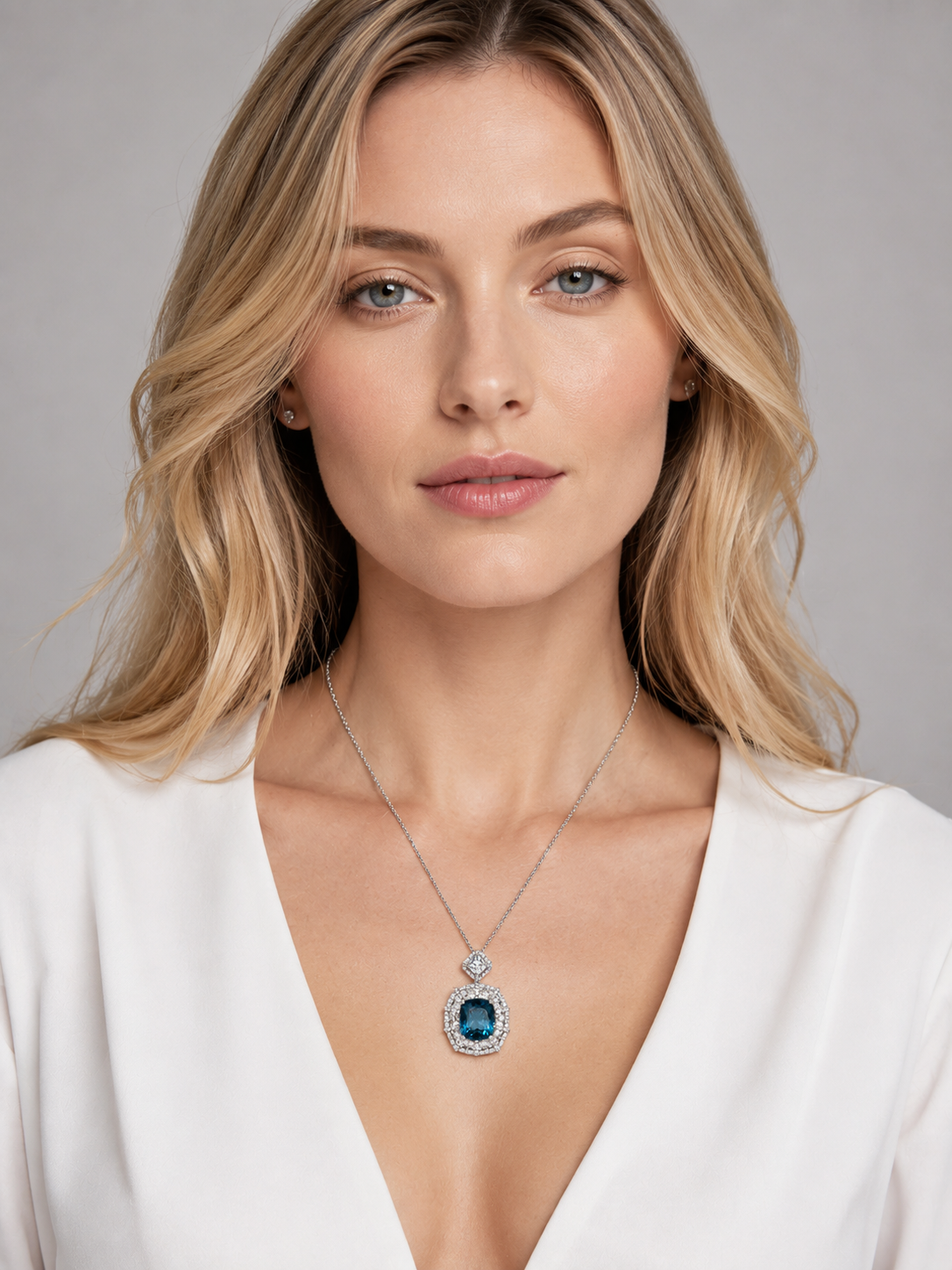 Cushion Cut London Blue Topaz Halo S925 Silver Pendant Necklace