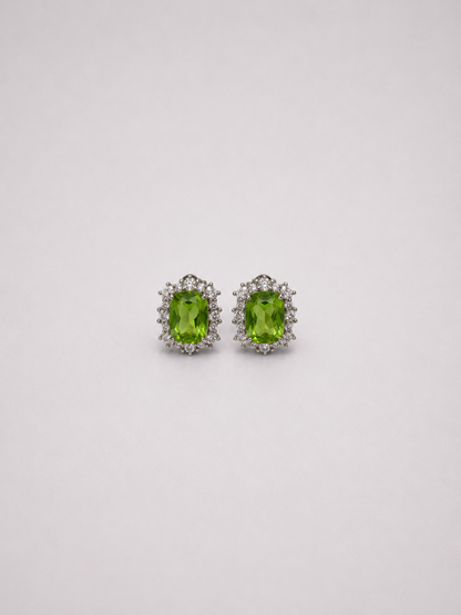 Oval Natural Peridot Halo S925 Sterling Silver Stud Earrings