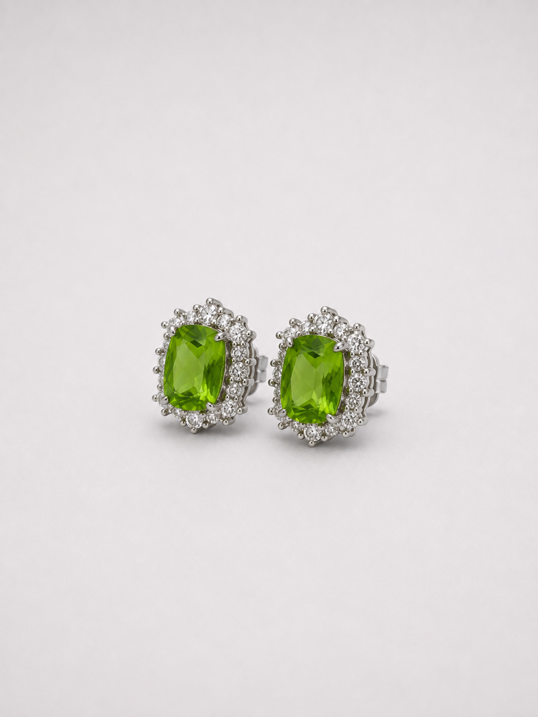 Oval Natural Peridot Halo S925 Sterling Silver Stud Earrings