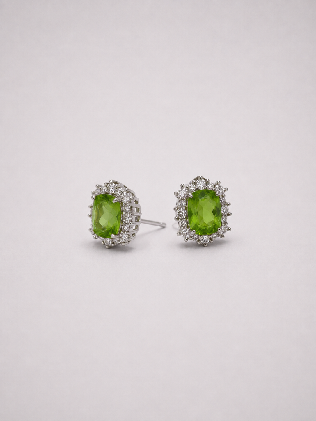 Oval Natural Peridot Halo S925 Sterling Silver Stud Earrings