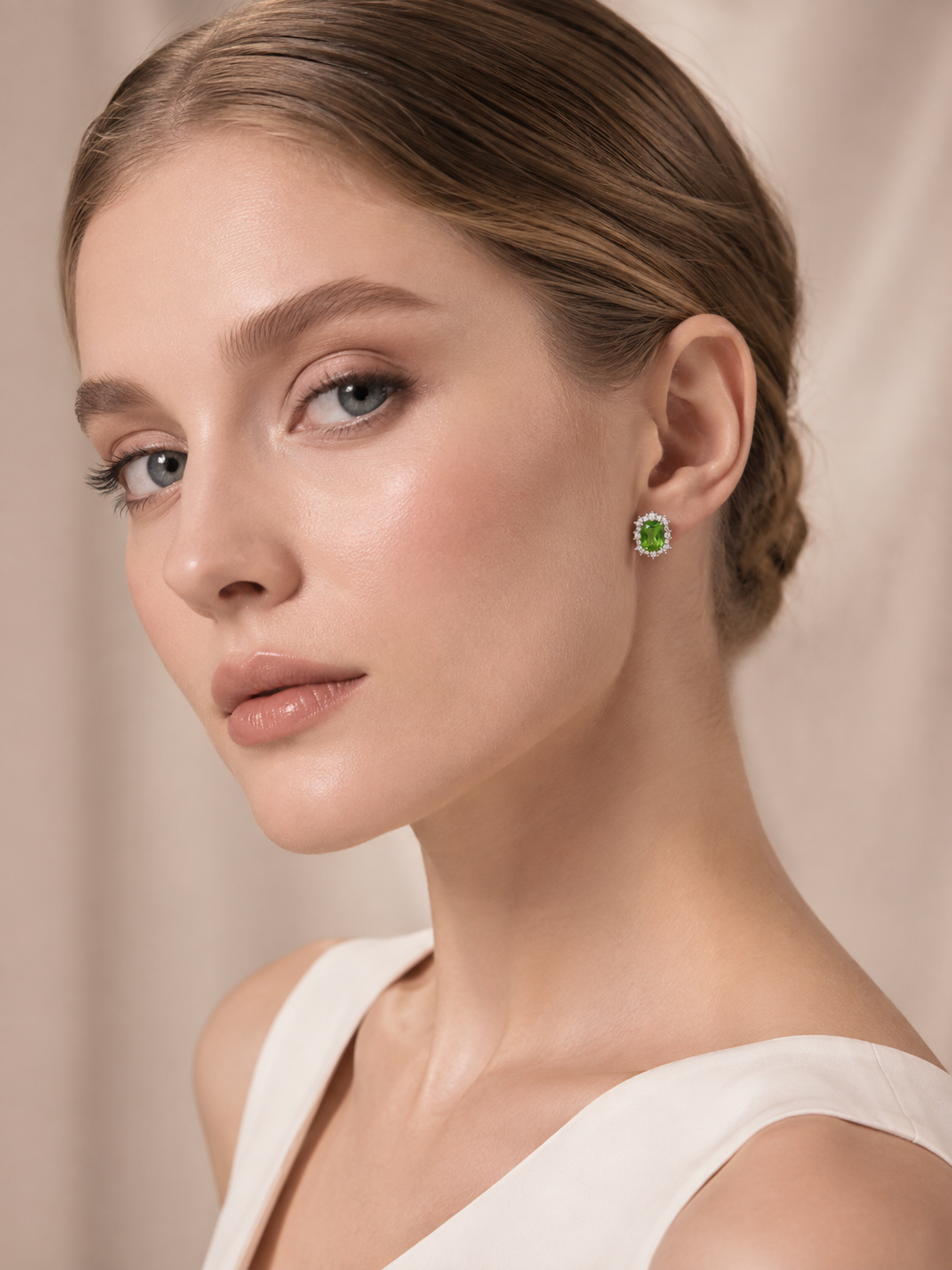Oval Natural Peridot Halo S925 Sterling Silver Stud Earrings