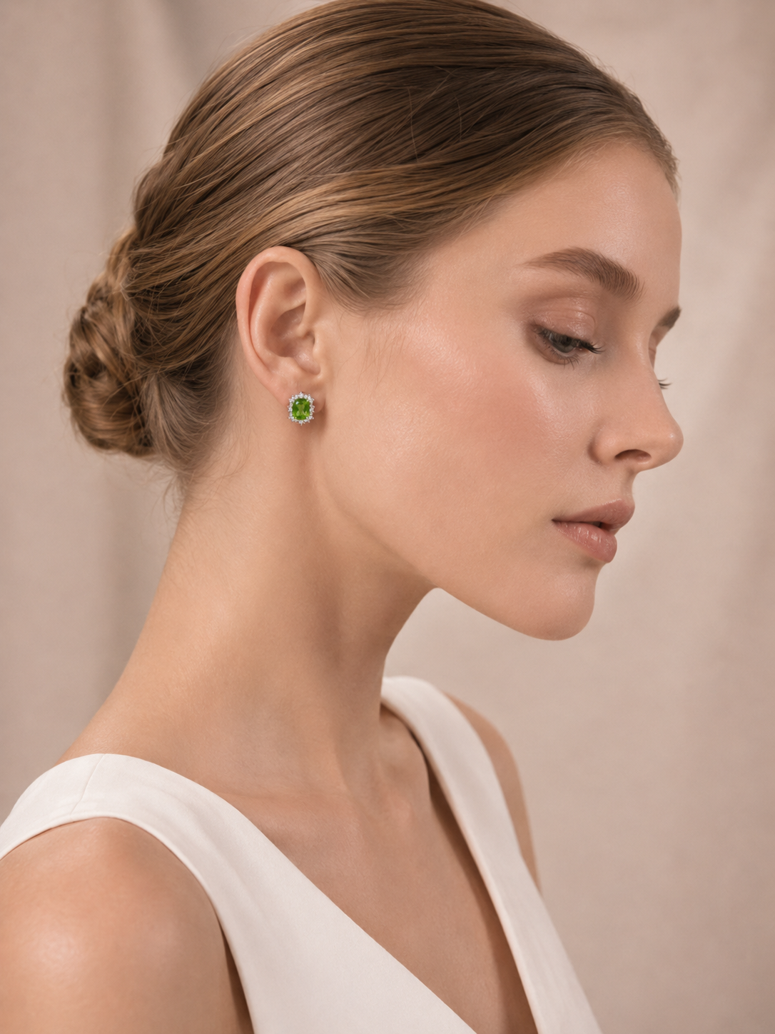 Oval Natural Peridot Halo S925 Sterling Silver Stud Earrings